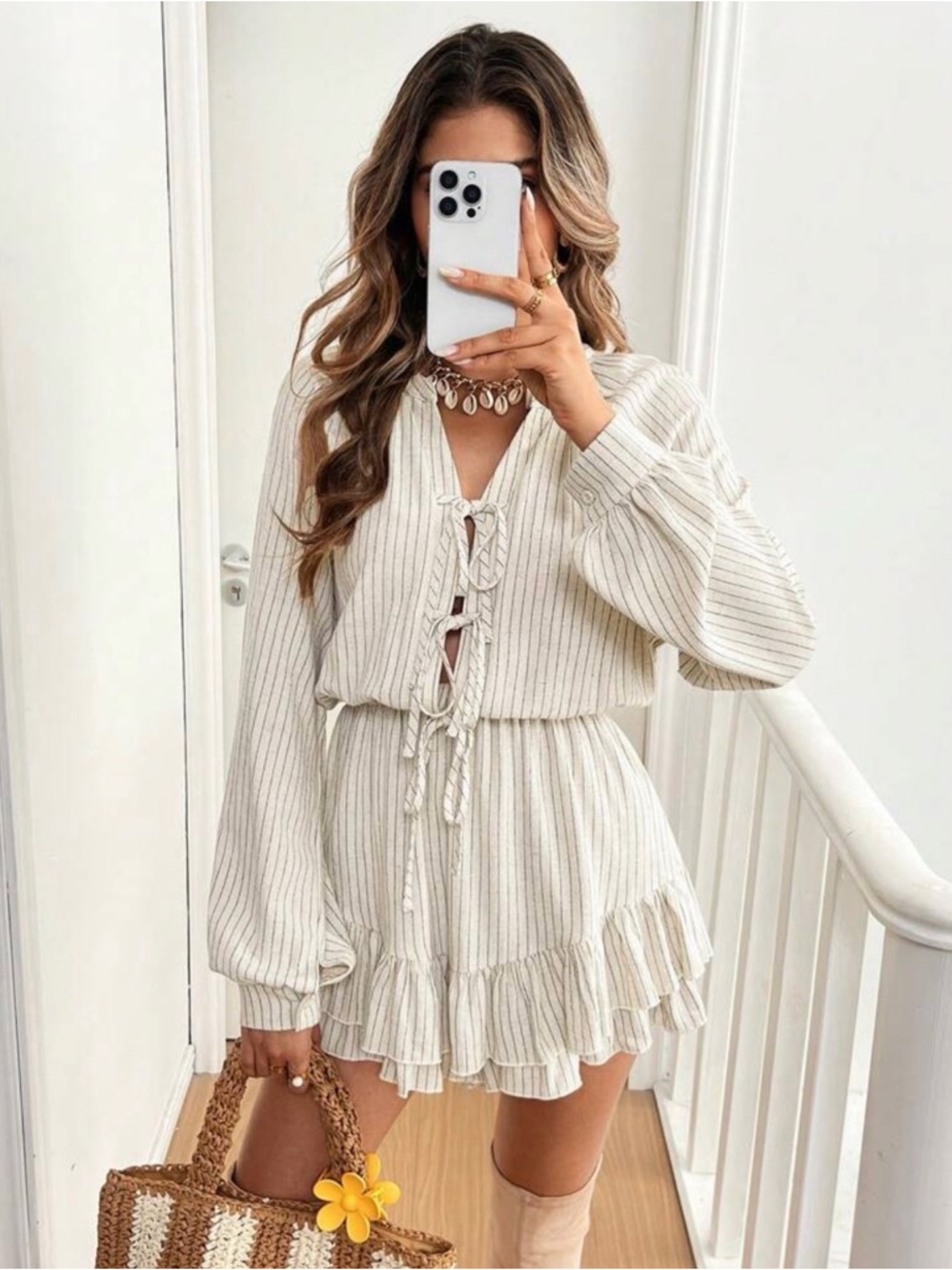 Cream Striped Linen Tie-Front Mini Dress